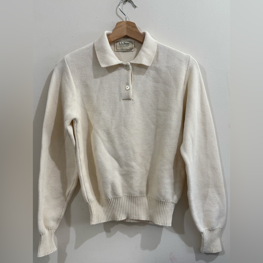 Vintage 100% Cotton L.L. Bean Cream Knit Polo Sweater